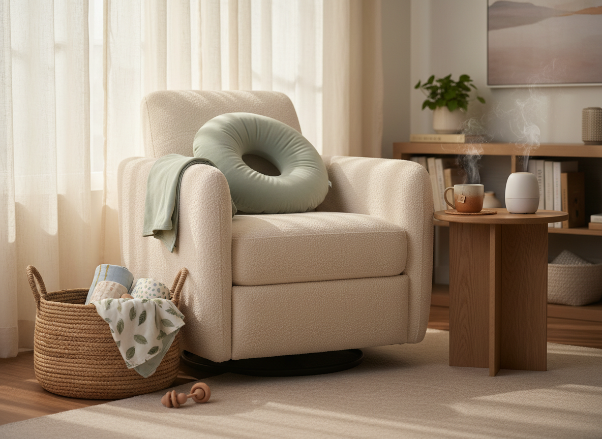 A cozy family living room corner designed as a nurturing self-care space, centered on a plush, cream-colored nursing chair with soft, textured upholstery and a neatly folded pale sage breastfeeding pillow resting on the arm. A woven basket on the floor holds rolled organic cotton baby blankets and a wooden rattle, while a low oak side table supports a ceramic mug of herbal tea and a small diffuser emitting a faint mist. Late afternoon natural light filters through sheer linen curtains, casting gentle shadows and a warm glow. Photographic realism, eye-level composition with shallow depth of field keeps the chair in crisp focus while the background softly blurs, creating a calm, professional, and inviting atmosphere that reflects thoughtful, family-focused products without any visible people.