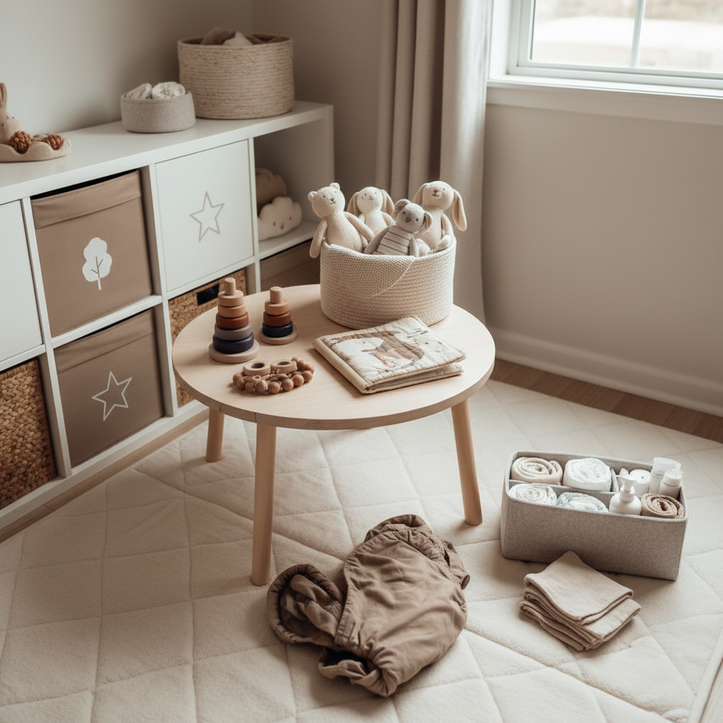 A spacious, softly lit playroom corner dedicated to calm, connection-focused family time, anchored by a low, round natural-wood table holding a neatly arranged set of wooden stacking toys, a sensory fabric book, and a lidded woven basket filled with plush animals in neutral tones. Along the wall, modular storage cubes display cloth bins labeled with simple icons instead of text, suggesting thoughtful organization. A thick, cream-colored play mat with quilted stitching spreads across the floor, accompanied by a folded cotton baby carrier and a neutral-toned diaper caddy stocked with neatly arranged essentials. Gentle, overcast daylight filters through a large window, creating even, shadow-softening illumination. Shot in photographic realism from a slightly elevated angle with sharp focus throughout, the composition feels open, welcoming, and authentically family-oriented while avoiding any direct sales cues or human figures.