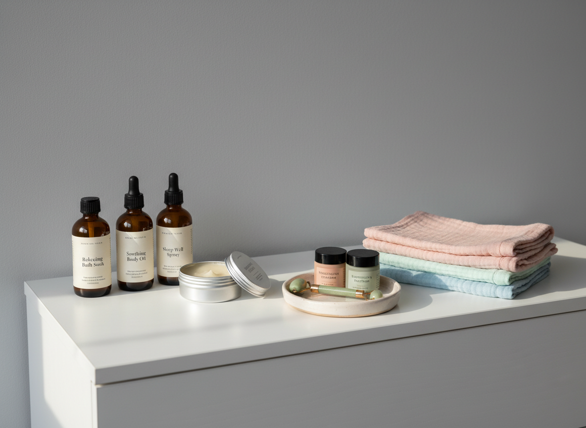 A neatly organized nursery dresser top showcasing a curated selection of mother-focused wellness products, including amber glass bottles with simple, elegant labels, a tin of organic belly balm with its lid slightly ajar, and a stack of folded, pastel muslin cloths with visible weave texture. A small ceramic tray holds a jade facial roller and a pair of understated, matte-finish skincare jars. The dresser is white with subtle wood grain, set against a soft dove-gray wall. Morning light from an unseen window washes across the surface, creating gentle highlights on glass and metal. Photographic realism with a slightly elevated angle and rule-of-thirds composition emphasizes clarity and cleanliness, evoking a serene, spa-like mood aligned with professional, nurturing self-care for mothers, with no human presence.